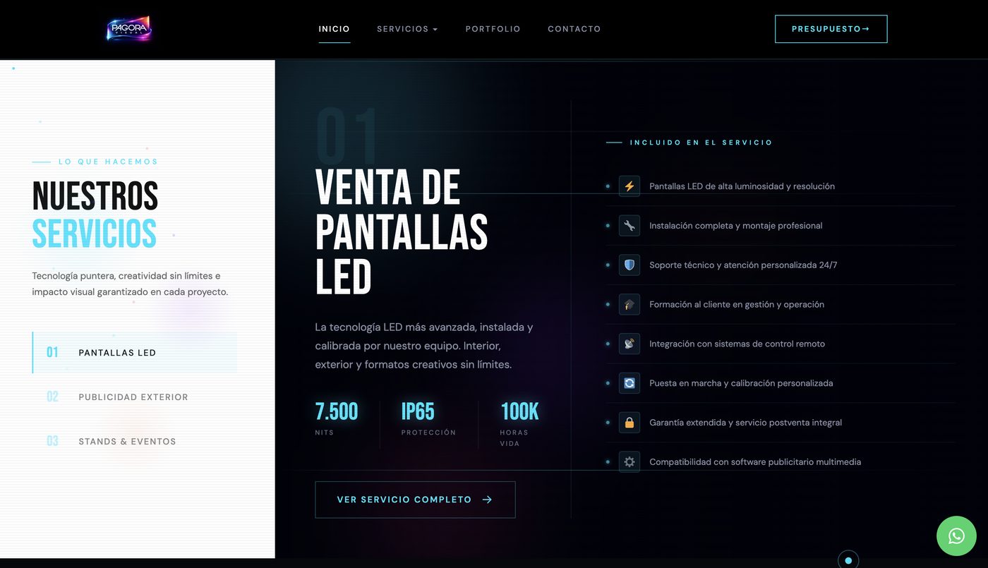 Sitio web de Pagora Visual, pantallas LED para eventos